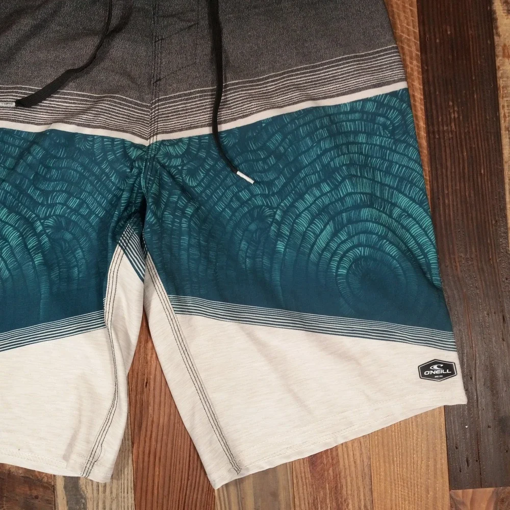 O'Neill Mens Board Shorts Size 32 Teal Grey Colorblock Geometric Swim Trunks‎